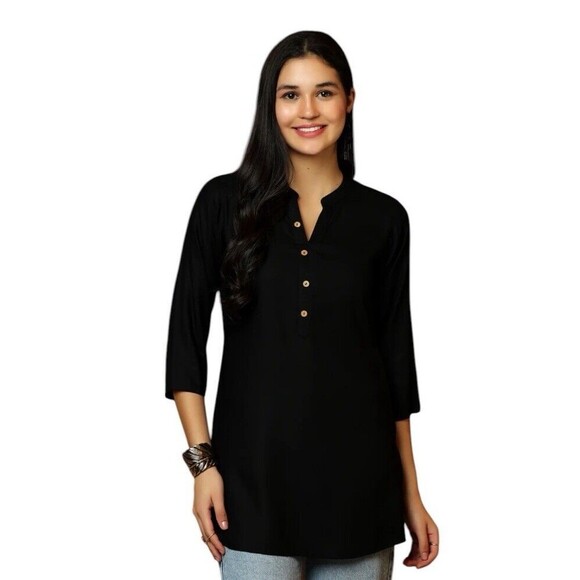 Rue 21 Women's Blouse Shirt Top Size XS Black Print Tunic Rayon Mandarin Collar - Picture 1 of 10